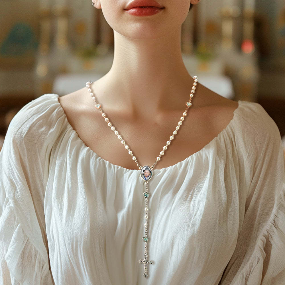 Custom Rosary Beads Necklace Personalized Glass Imitation Pearls Cross Necklace with Photo - Myphotowallet