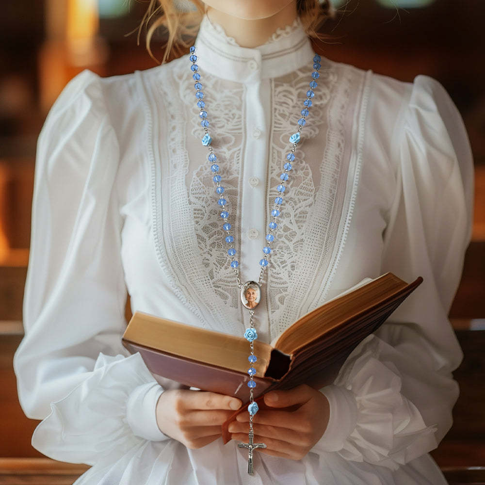 Custom Rosary Beads Cross Necklace Personalized Hip-Hop Style Multi-Color Crystal Necklace with Photo - Myphotowallet