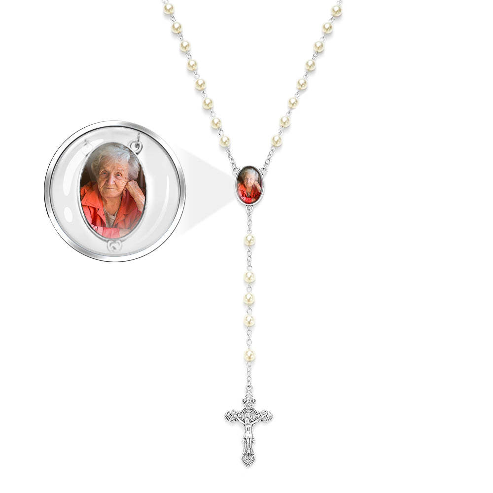Custom Rosary Beads Cross Necklace Personalized White Imitation Pearls Necklace with Photo - Myphotowallet