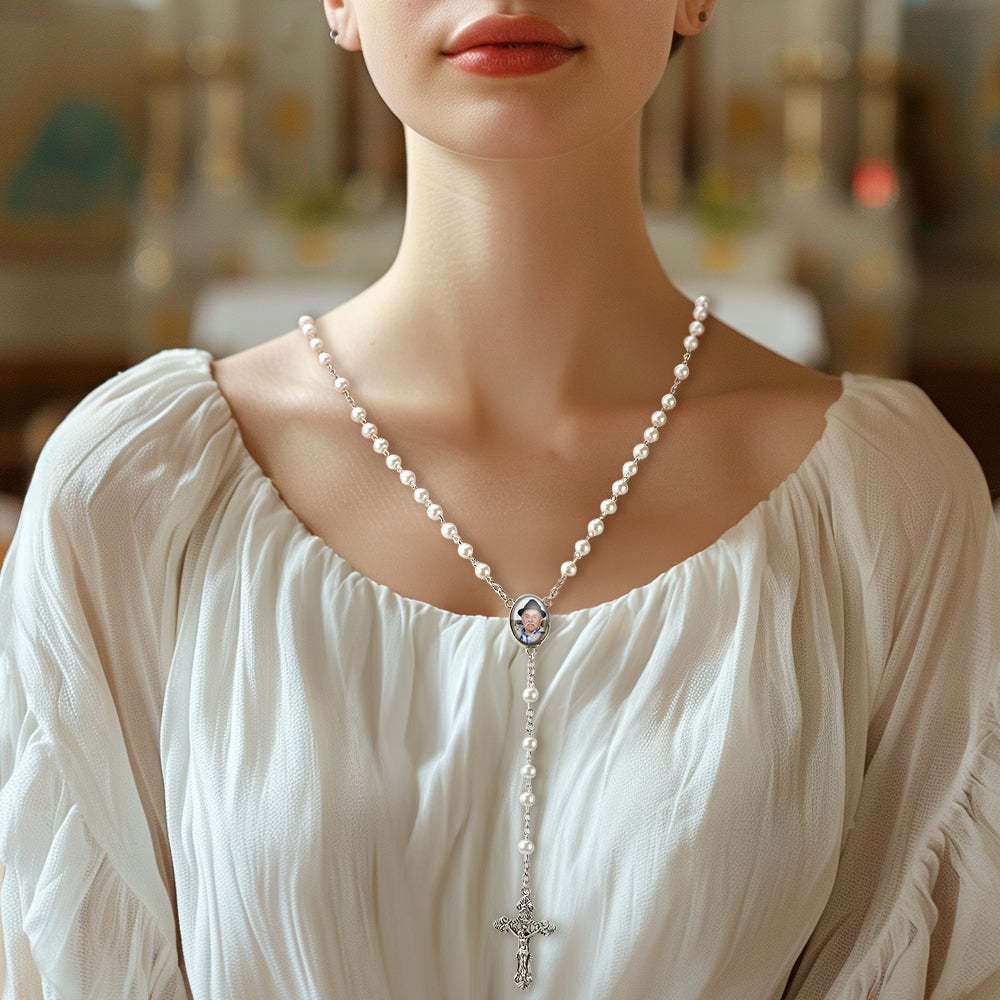 Custom Rosary Beads Cross Necklace Personalized White Imitation Pearls Necklace with Photo - Myphotowallet
