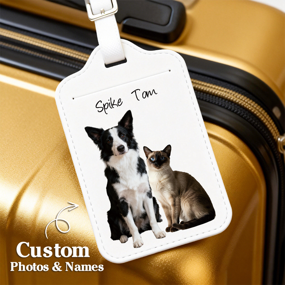 Custom Engraved Leather Pet Photo Luggage Tag Personalized Travel ID for Dogs & Cats Unique Pet Lover Gift