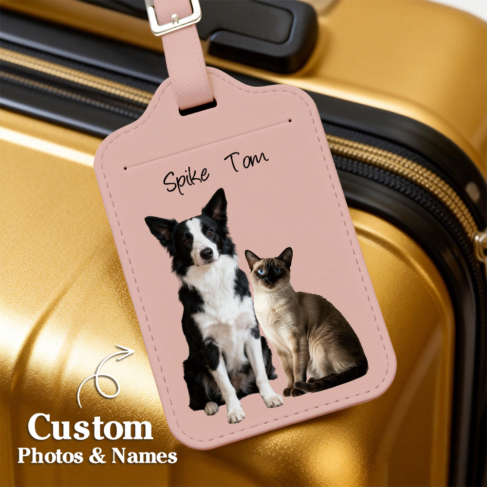 Custom Engraved Leather Pet Photo Luggage Tag Personalized Travel ID for Dogs & Cats  Unique Pet Lover Gift