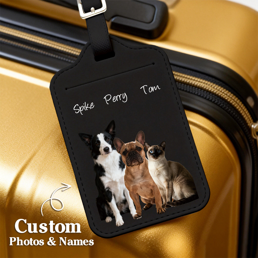 Custom Engraved Leather Pet Photo Luggage Tag Personalized Travel ID for Dogs & Cats  Unique Pet Lover Gift