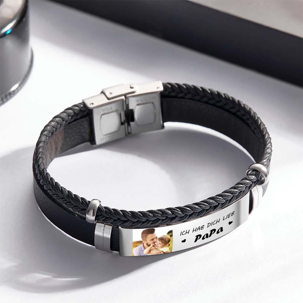 Personalized Photo Leather Bracelet With Text Braided Bangle Father's Day Gifts - NameNecklace