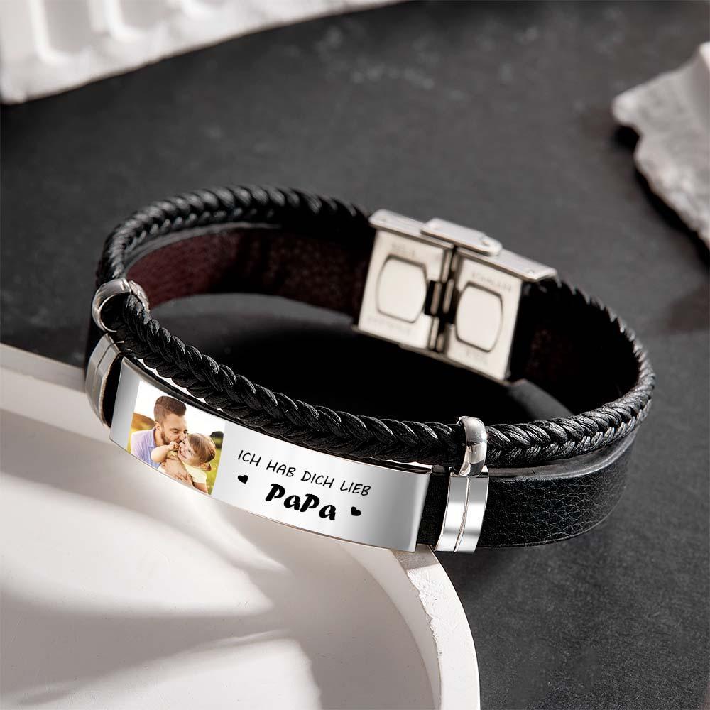 Personalized Photo Leather Bracelet With Text Braided Bangle Father's Day Gifts - NameNecklace
