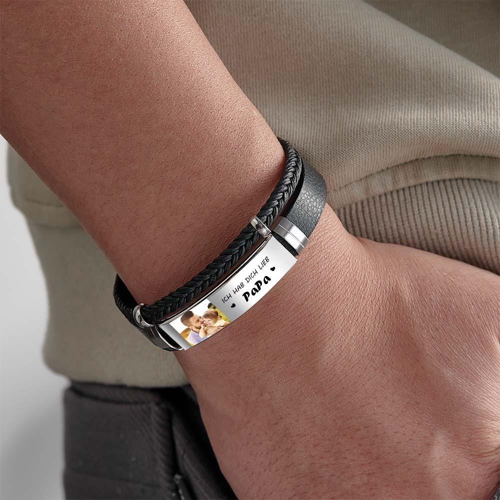 Personalized Photo Leather Bracelet With Text Braided Bangle Father's Day Gifts - NameNecklace