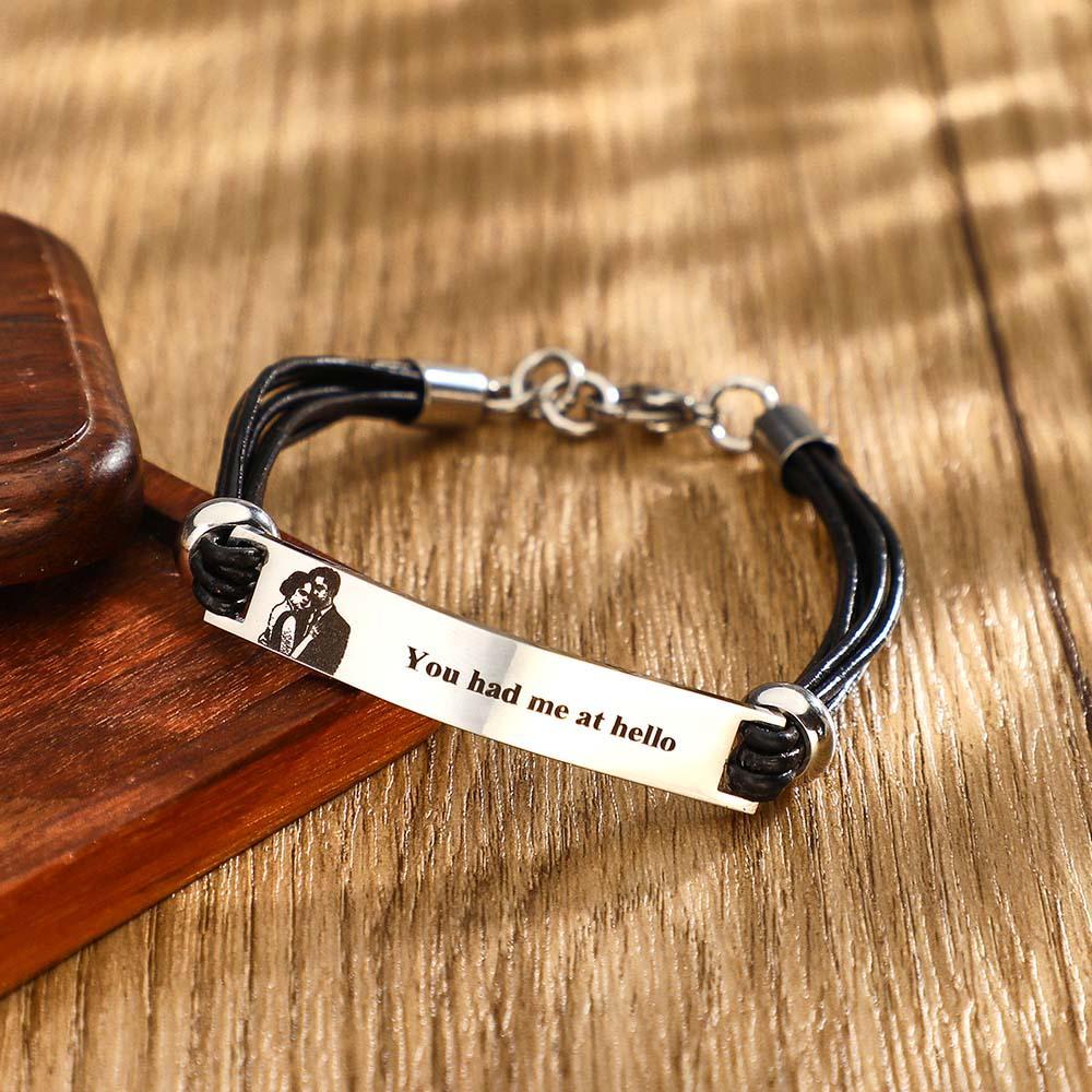 Custom Photo Leather Bracelet Personalized Engraved Adjustable Simple Bracelet Gifts For Men - NameNecklace