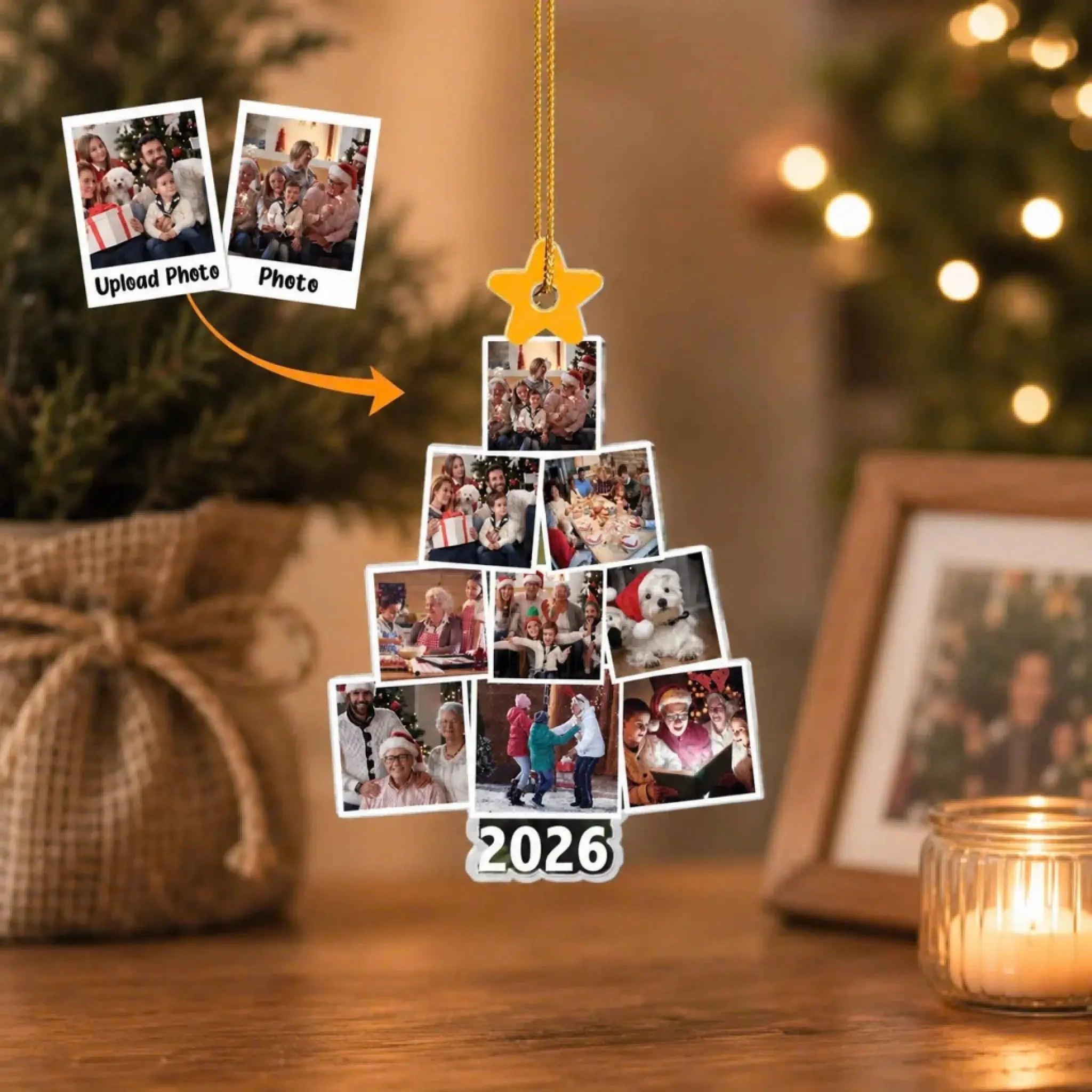 2026 Christmas Gift Personalized 9 Photo Family Christmas Tree Ornament Custom Picture Acrylic Ornament Holiday Gift for Family
