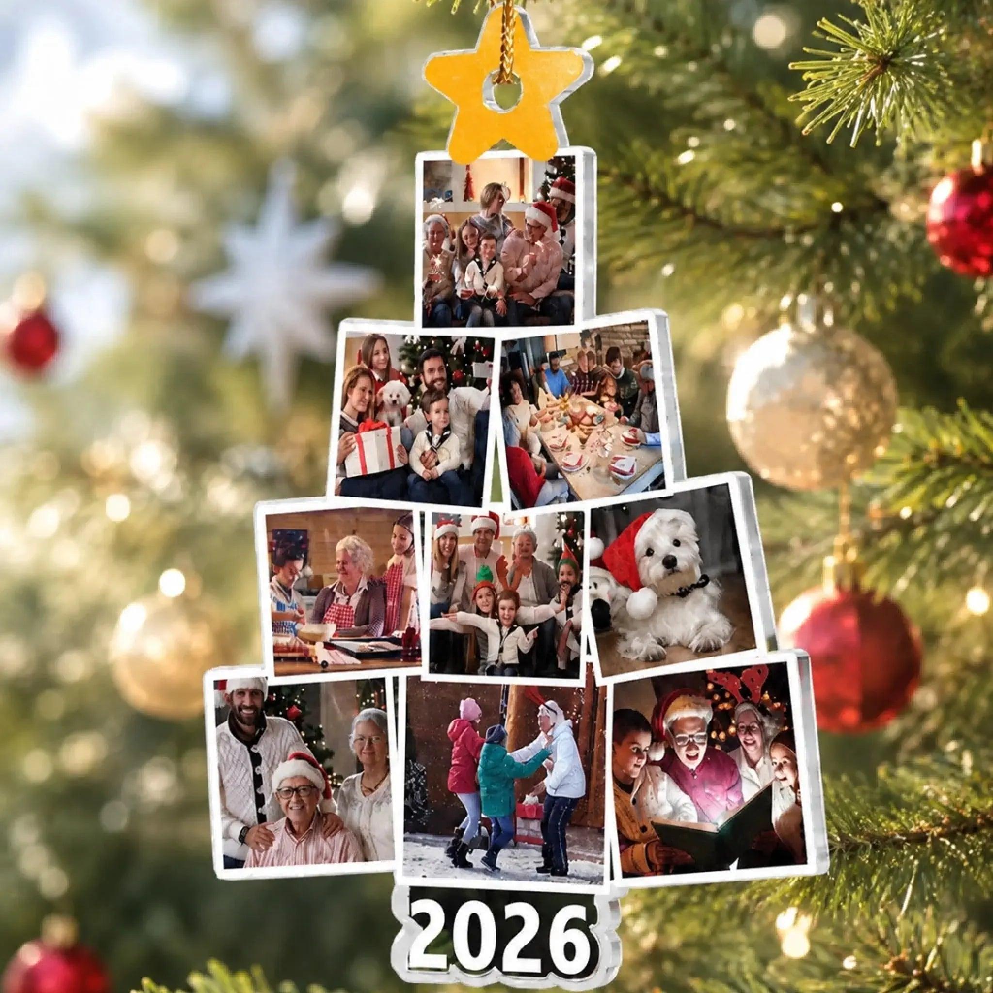 2026 Christmas Gift Personalized 9 Photo Family Christmas Tree Ornament Custom Picture Acrylic Ornament Holiday Gift for Family