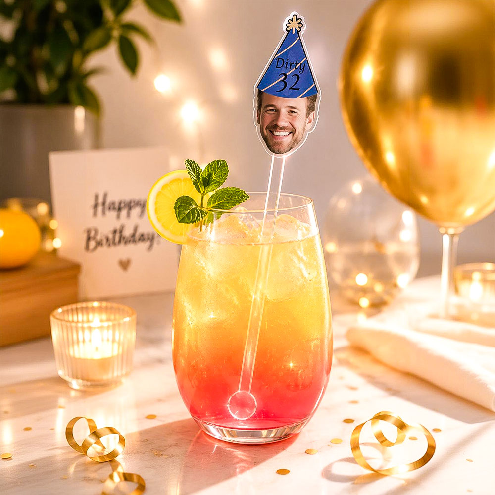 Personalized Face Drink Stirrers Custom Photo Cocktail Stirrers Birthday Party Stir Sticks with Hat Accessory