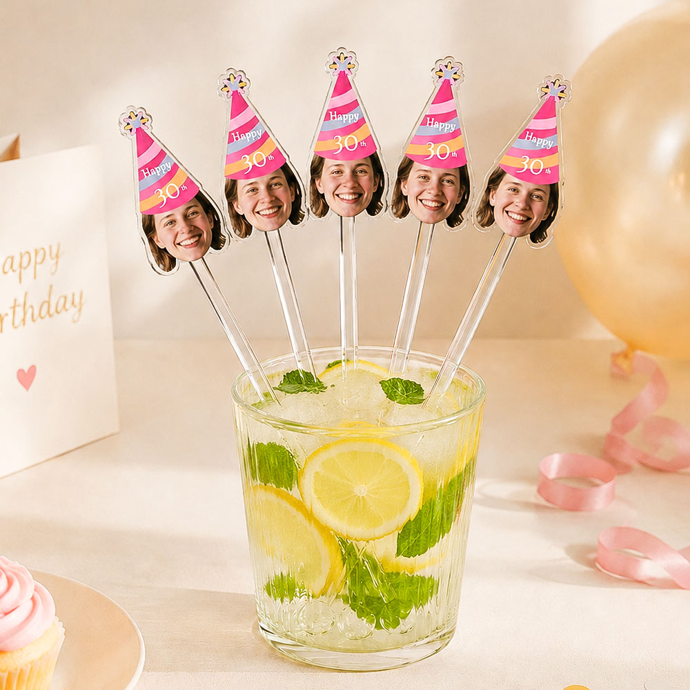 Personalized Face Drink Stirrers Custom Photo Cocktail Stirrers Birthday Party Stir Sticks with Hat Accessory