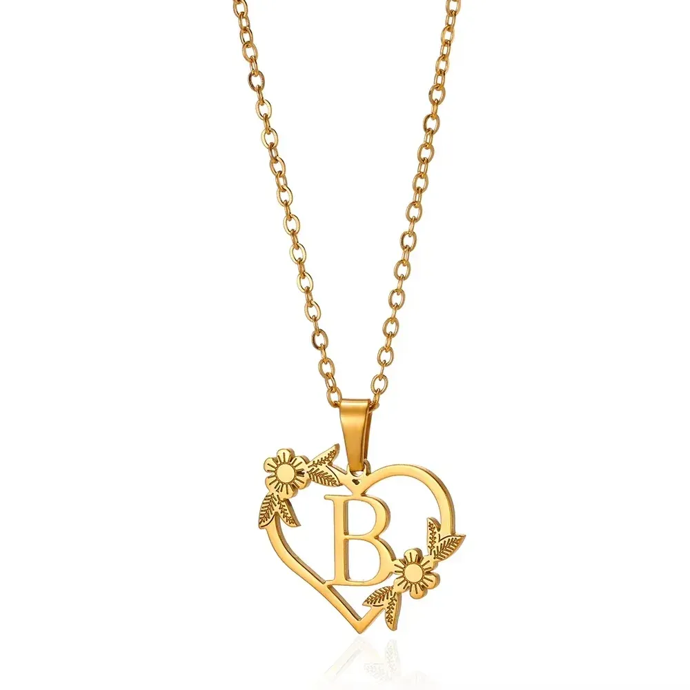 Initial Heart Necklace with Flower Charm Heart Letter Pendant Personalized Floral Initial Necklace Bloom Heart Letter Necklace