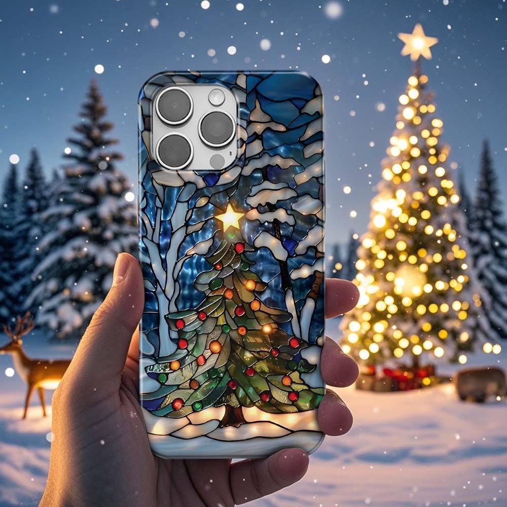 Christmas Tree Phone Case Faux Stained Glass Winter Forest Cover Christmas Gift for Galaxy S 24 23 22 21 Pixel 5 6 7 8 iPhone 15 14 13 12 11 - NameNecklace