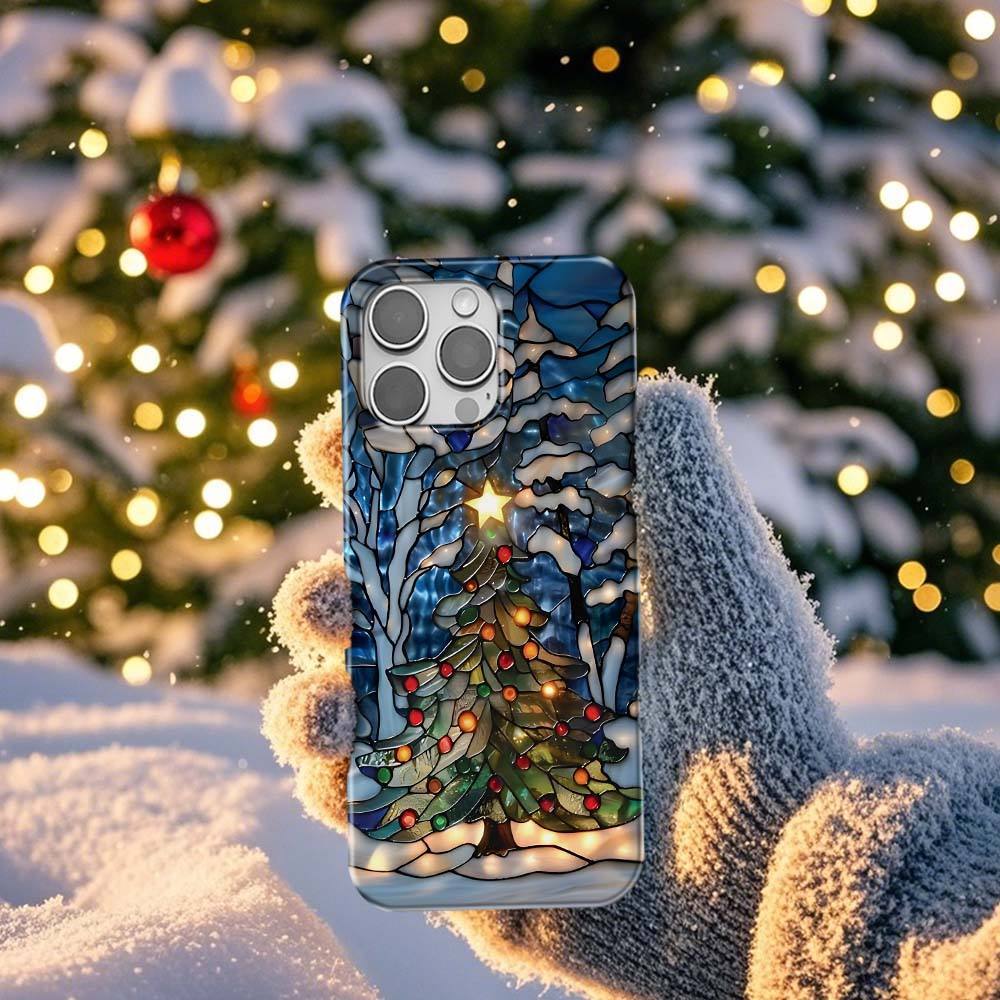 Christmas Tree Phone Case Faux Stained Glass Winter Forest Cover Christmas Gift for Galaxy S 24 23 22 21 Pixel 5 6 7 8 iPhone 15 14 13 12 11 - NameNecklace