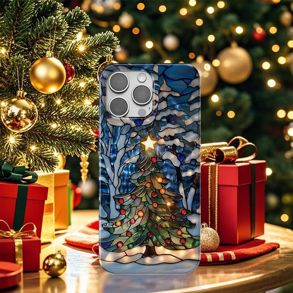 Christmas Tree Phone Case Faux Stained Glass Winter Forest Cover Christmas Gift for Galaxy S 24 23 22 21 Pixel 5 6 7 8 iPhone 15 14 13 12 11 - NameNecklace