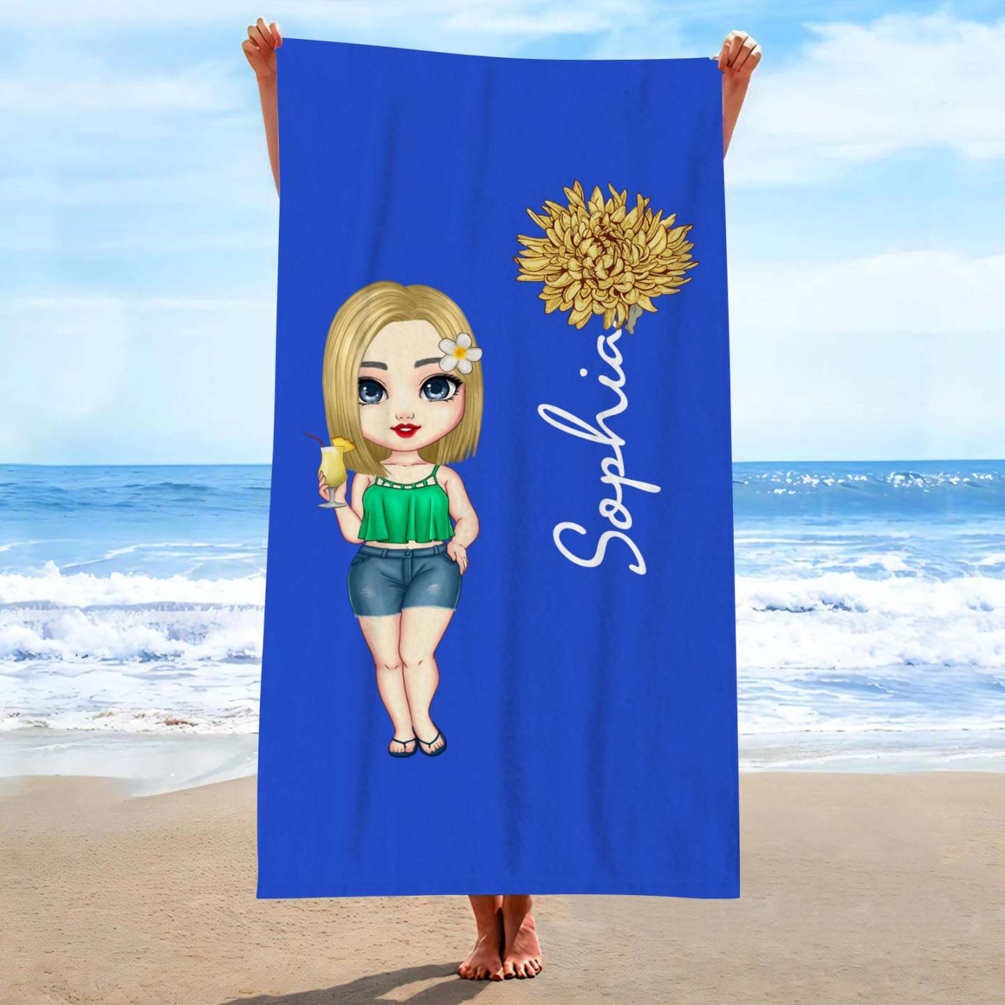 Custom Cartoon Women Girl Birth Flower Multicolor Beach Towel Personalized Name Vacation Beach Towel Gift for Friend - MyHawaiianShirts