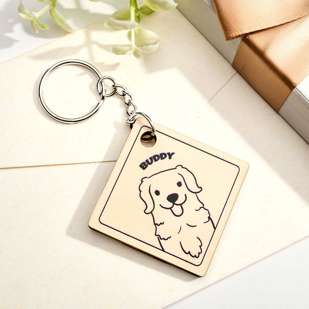 Custom Cartoon Pet Photo and Name Personalized Wooden Keychain Gift for Pet Lovers - NameNecklace