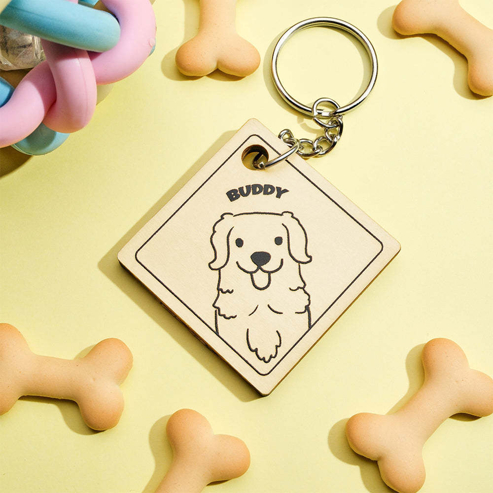 Custom Cartoon Pet Photo and Name Personalized Wooden Keychain Gift for Pet Lovers - NameNecklace
