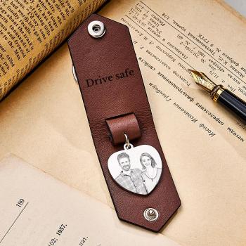 Custom Heart Shaped Photo Leather Keychain With Text Annivesary Gifts For Men - NameNecklace