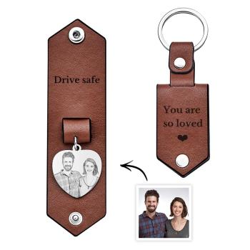 Custom Heart Shaped Photo Leather Keychain With Text Annivesary Gifts For Men - NameNecklace