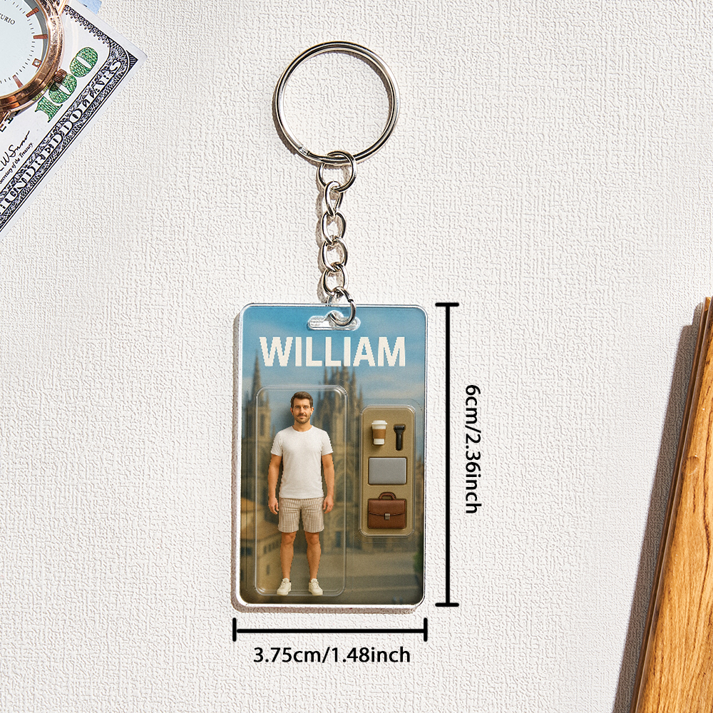 Custom 3D Effect Action Figure Pack Packaging Toy Box Style Art Gift Personalized Acrylic Keychain Gift for Dad - namenecklace