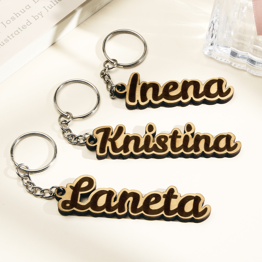 Father's Day Gifts Personalised Name Keychain Custom Wooden Name Tag Laser Cut Keyring Gift