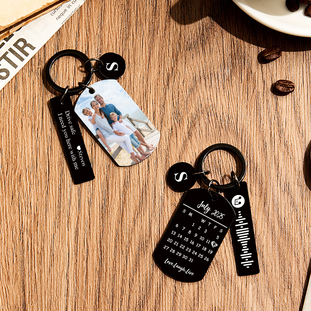 Personalized Photo Keychain with Spotify Code, Custom Calendar & "Drive Safe" Message, Anniversary Gift for Boyfriend, Couple's Gift 