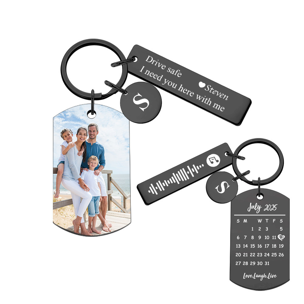 Personalized Photo Keychain with Spotify Code, Custom Calendar & "Drive Safe" Message, Anniversary Gift for Boyfriend, Couple's Gift 