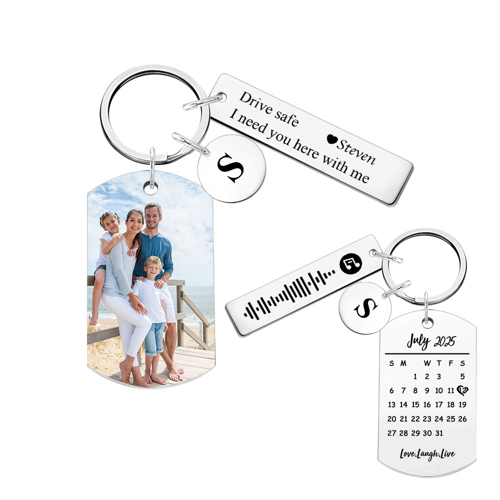Personalized Photo Keychain with Spotify Code, Custom Calendar & "Drive Safe" Message, Anniversary Gift for Boyfriend, Couple's Gift 