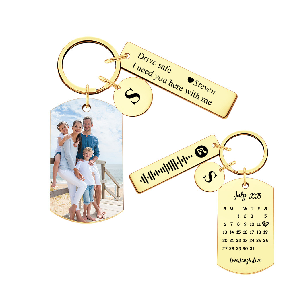 Personalized Photo Keychain with Spotify Code, Custom Calendar & "Drive Safe" Message, Anniversary Gift for Boyfriend, Couple's Gift 