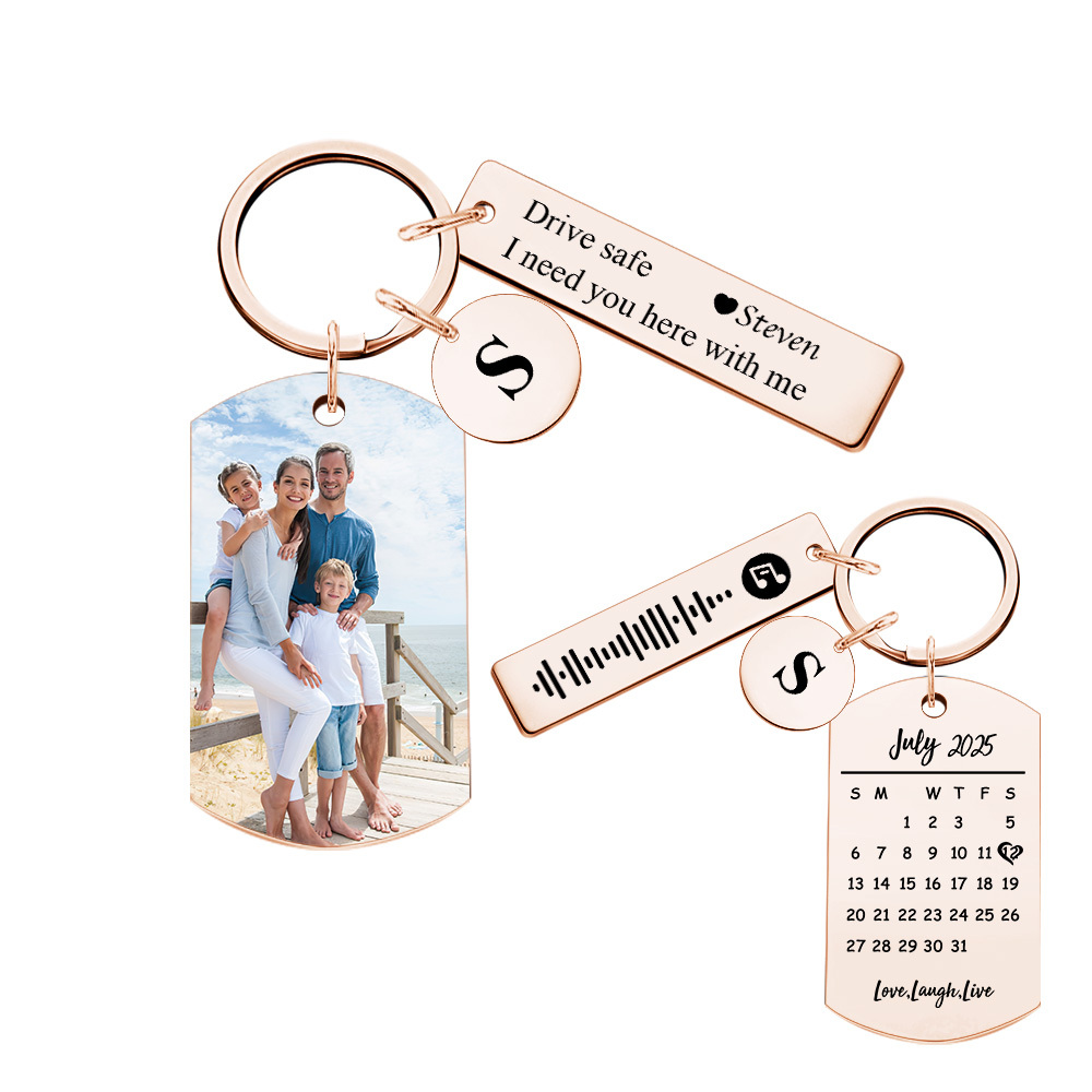 Personalized Photo Keychain with Spotify Code, Custom Calendar & "Drive Safe" Message, Anniversary Gift for Boyfriend, Couple's Gift 