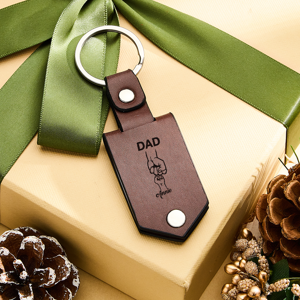 Personalized Picture Keychain for Dad, Fist Bump Custom Kids Name Keyring,Mens Leather Keychain, Anniversary Gifts for Him, Fathers Day Gift