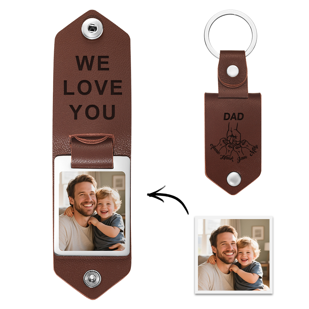 Personalized Picture Keychain for Dad, Fist Bump Custom Kids Name Keyring,Mens Leather Keychain, Anniversary Gifts for Him, Fathers Day Gift
