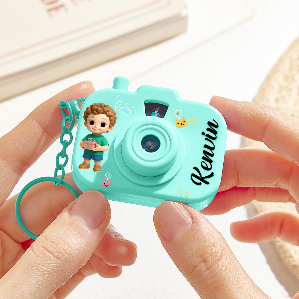 Personalized Mini Camera Projection Keychain Custom Photos, Name & Cartoon Character Customized Camera Charm with 8 Photo Gifts for Kids