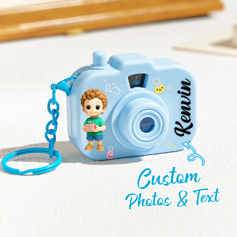 Personalized Mini Camera Projection Keychain Custom Photos, Name & Cartoon Character Customized Camera Charm with 8 Photo Gifts for Kids