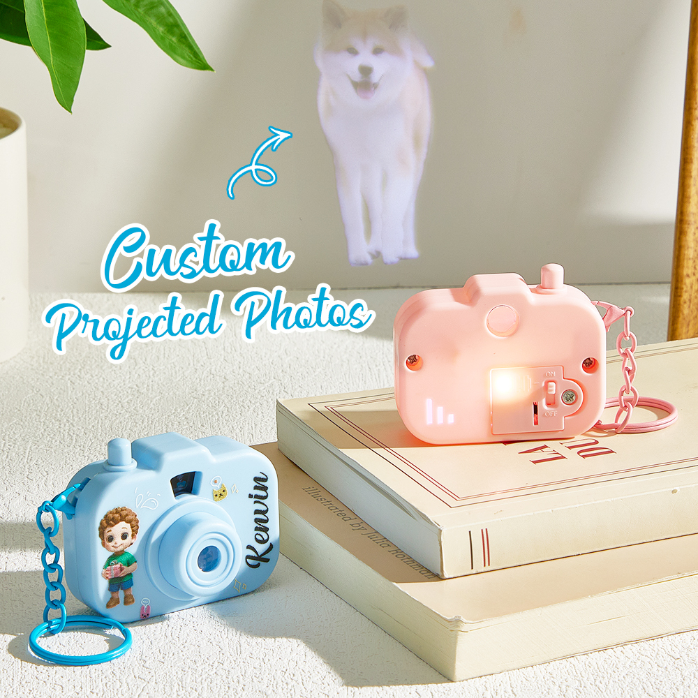 Personalized Mini Camera Projection Keychain Custom Photos, Name & Cartoon Character Customized Camera Charm with 8 Photo Gifts for Kids