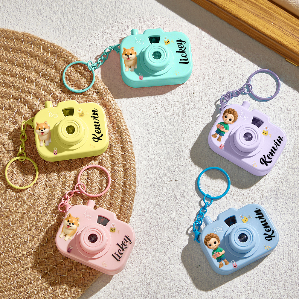 Personalized Mini Camera Projection Keychain Custom Photos, Name & Cartoon Character Customized Camera Charm with 8 Photo Gifts for Kids