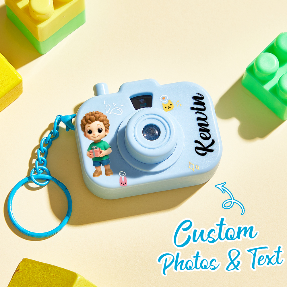 Personalized Mini Camera Projection Keychain Custom Photos, Name & Cartoon Character Customized Camera Charm with 8 Photo Gifts for Kids