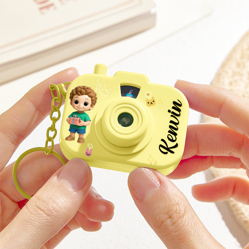 Personalized Mini Camera Projection Keychain Custom Photos, Name & Cartoon Character Customized Camera Charm with 8 Photo Gifts for Kids