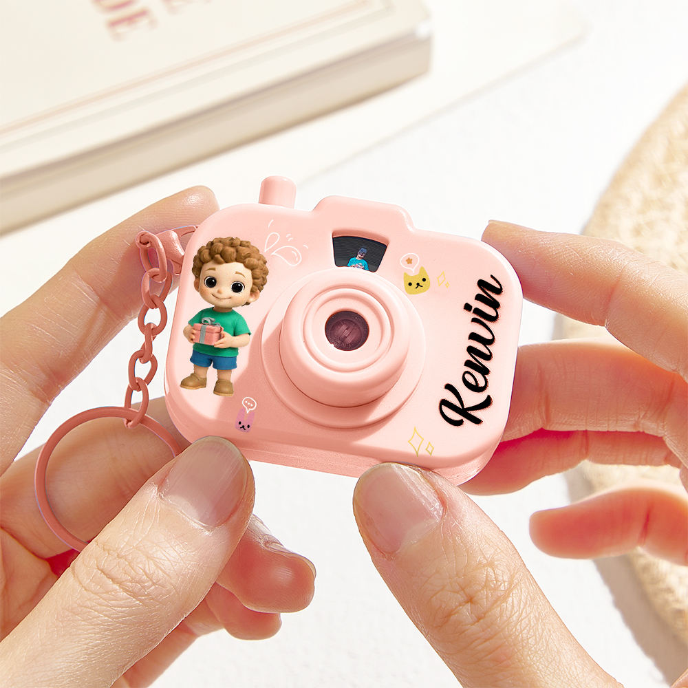 Personalized Mini Camera Projection Keychain Custom Photos, Name & Cartoon Character Customized Camera Charm with 8 Photo Gifts for Kids