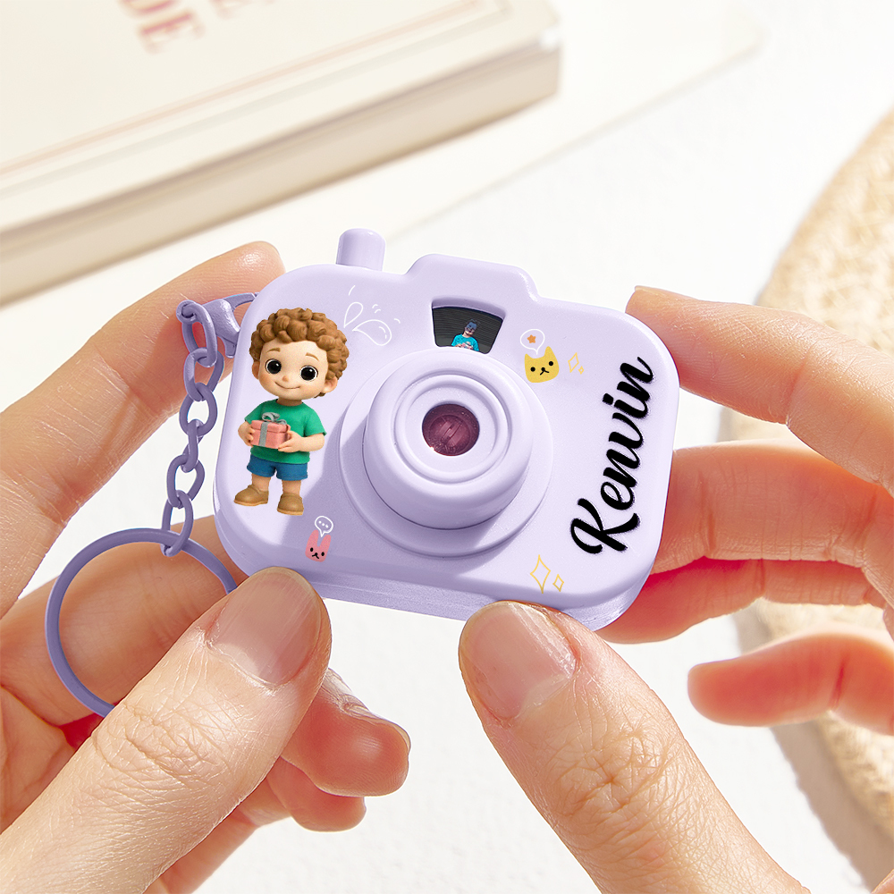 Personalized Mini Camera Projection Keychain Custom Photos, Name & Cartoon Character Customized Camera Charm with 8 Photo Gifts for Kids