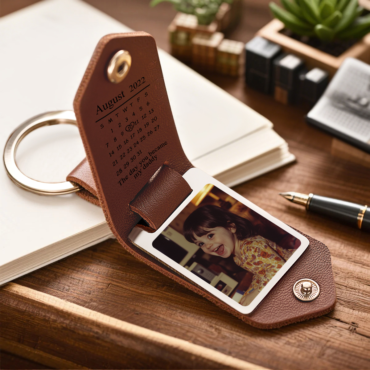 Personalized Leather Keychain Custom Date & Photo Leather Keychain Engraved Leather Keychain with Hidden Photo & Calendar Gifts for Husband Gifts for Her