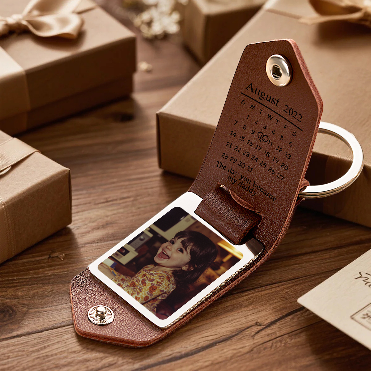 Personalized Leather Keychain Custom Date & Photo Leather Keychain Engraved Leather Keychain with Hidden Photo & Calendar Gifts for Husband Gifts for Her