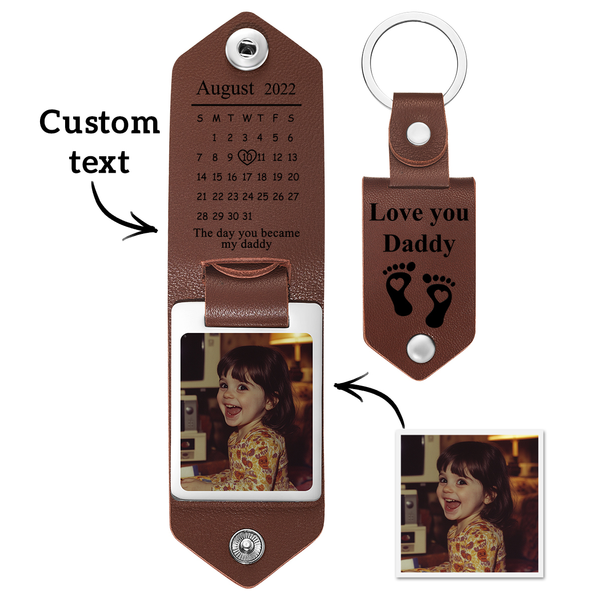 Personalized Leather Keychain Custom Date & Photo Leather Keychain Eng