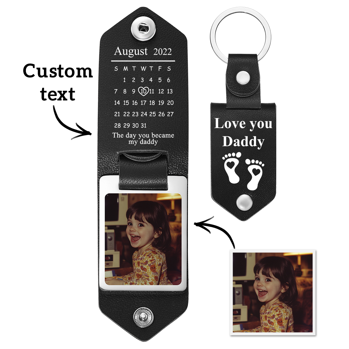 Personalized Leather Keychain Custom Date & Photo Leather Keychain Engraved Leather Keychain with Hidden Photo & Calendar Gifts for Husband Gifts for Her