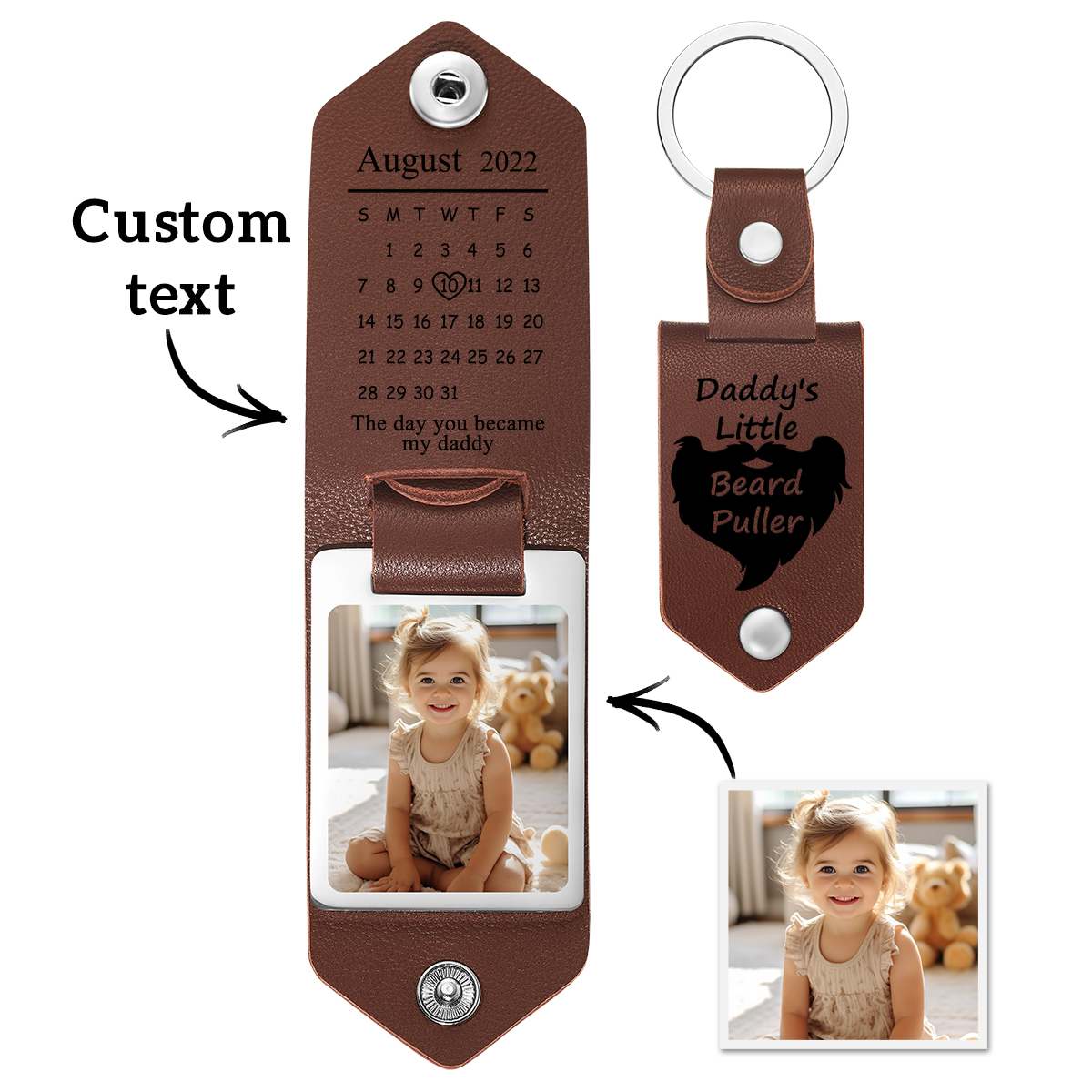 Personalized Leather Keychain Custom Date & Photo Leather Keychain Engraved Leather Keychain with Hidden Photo & Calendar Gifts for Husband Gifts for Her