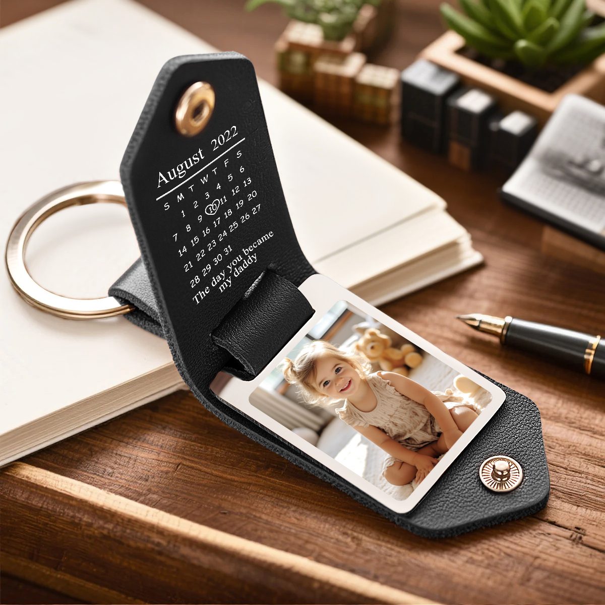 Personalized Leather Keychain Custom Date & Photo Leather Keychain Engraved Leather Keychain with Hidden Photo & Calendar Gifts for Husband Gifts for Her