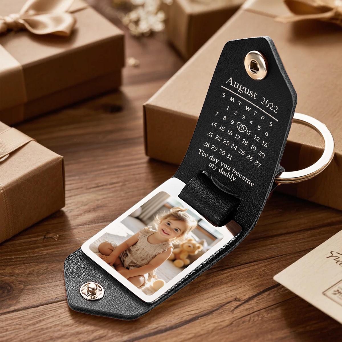 Personalized Leather Keychain Custom Date & Photo Leather Keychain Engraved Leather Keychain with Hidden Photo & Calendar Gifts for Husband Gifts for Her