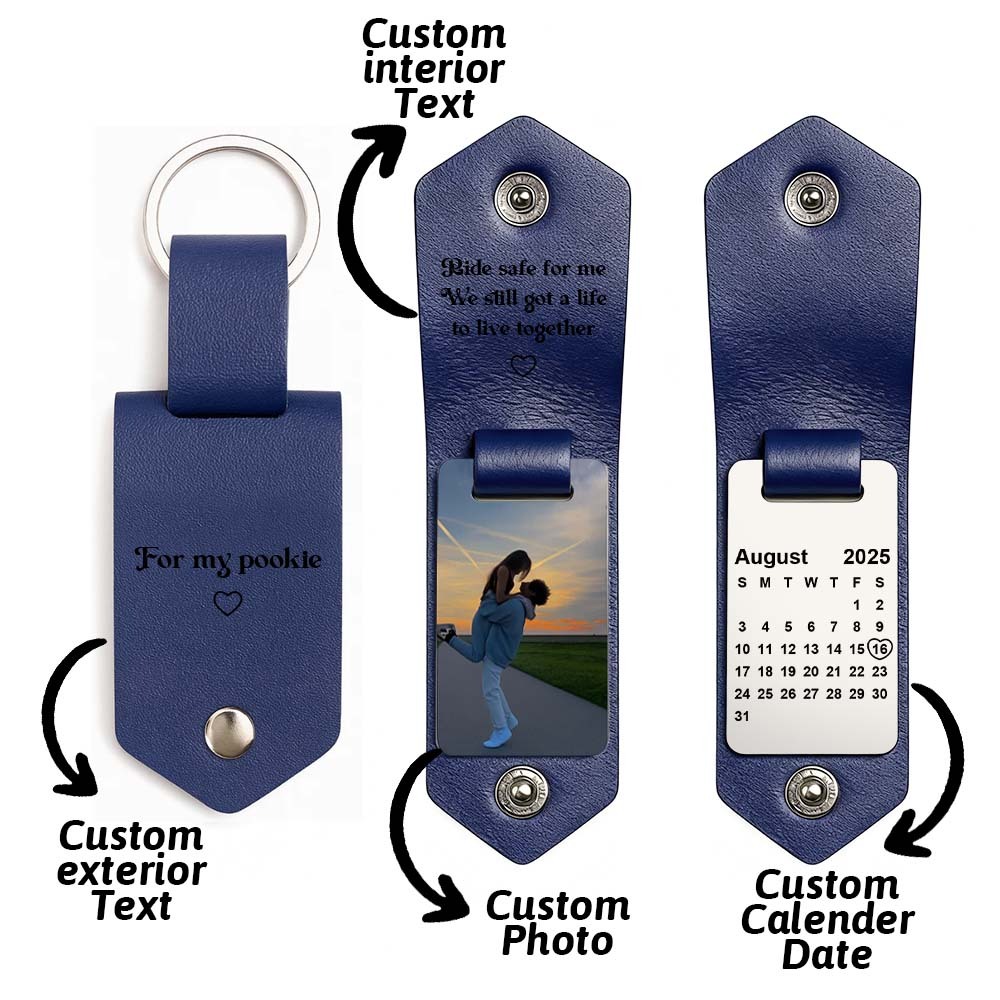 Personalized Photo and Calendar Leather Keychain with Custom Text Christmas Gifts for Him - namenecklace