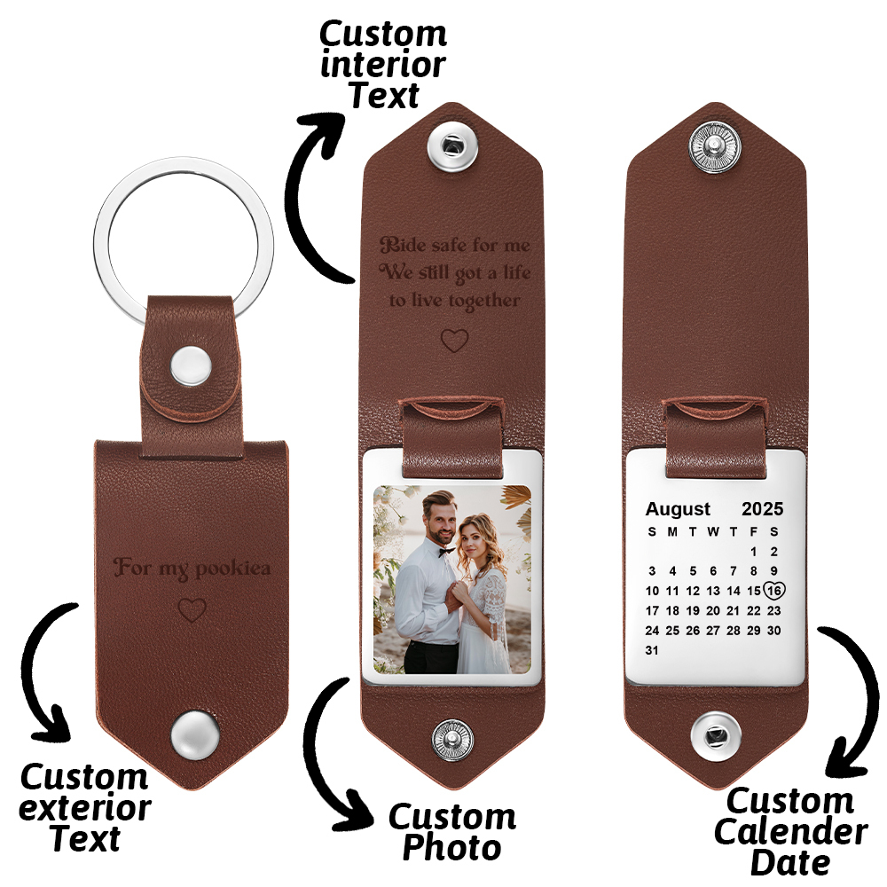 Personalized Photo and Calendar Leather Keychain with Custom Text Christmas Gifts for Him - namenecklace